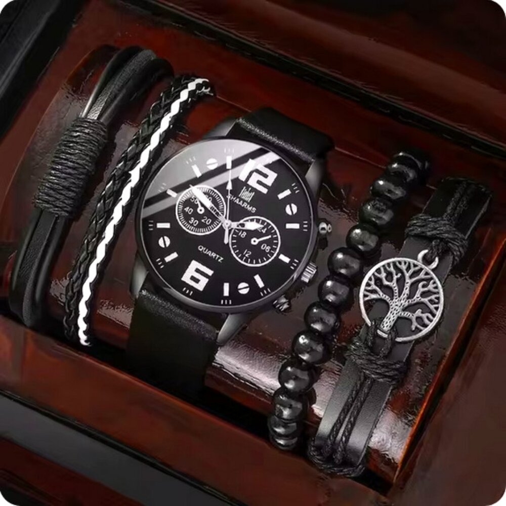Gift Quartz WristWatch 5 PCs Set Classic Male Casual Black Leather Strap NEW